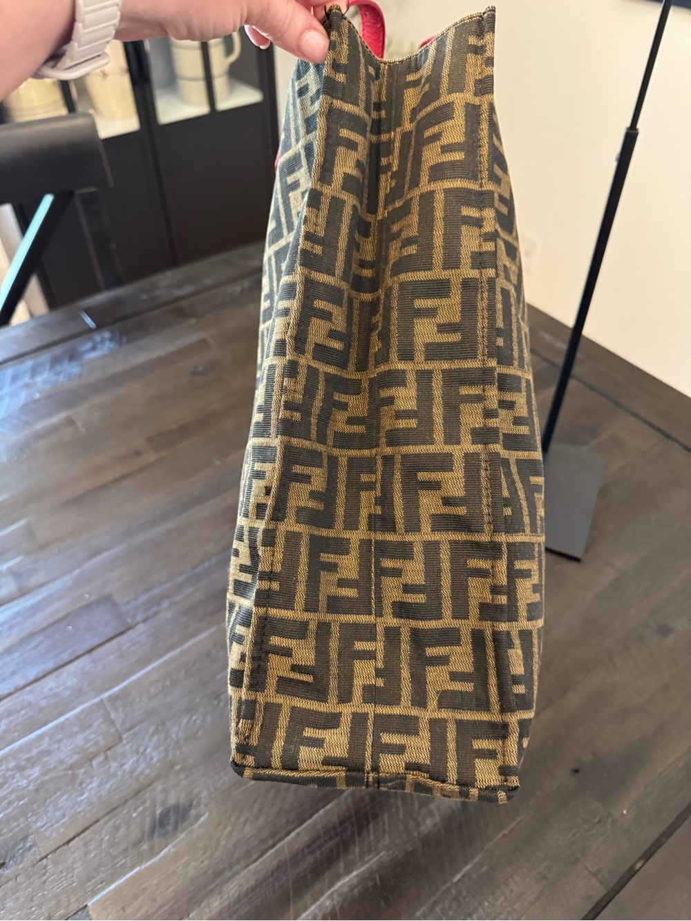 Fendi Brown Zucca Canvas Tote with Red Handles - Picture 2 of 10